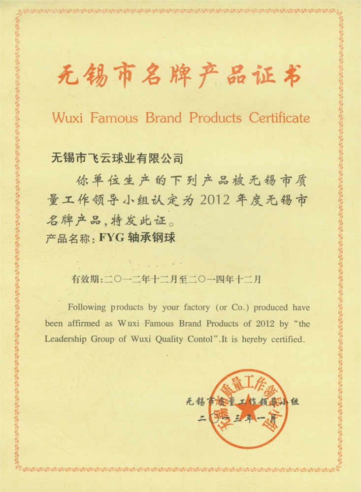Wuxi City brand-name products certificate